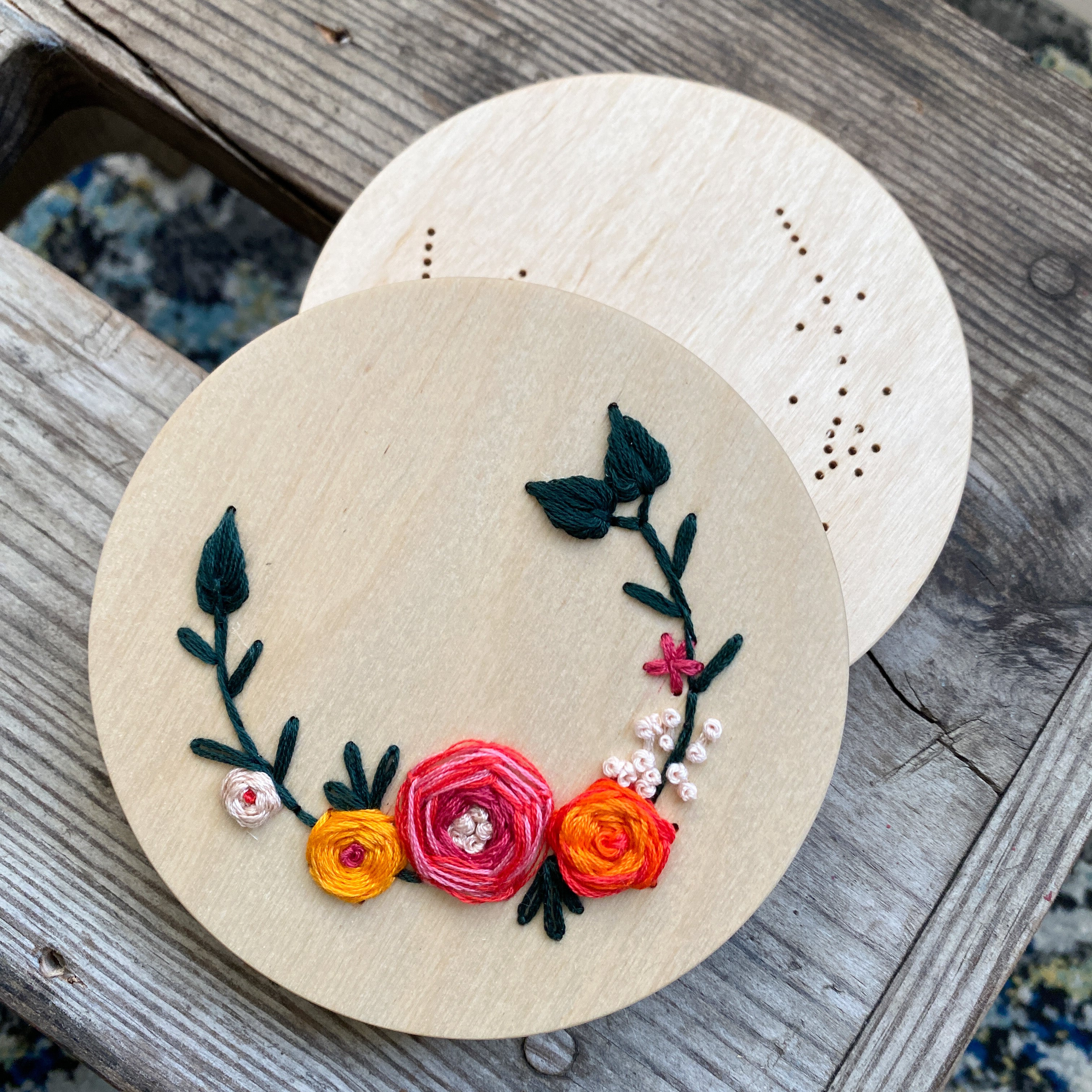 Wood Embroidery Perforated Disc: "Spring Flowers"  (Intermediate)